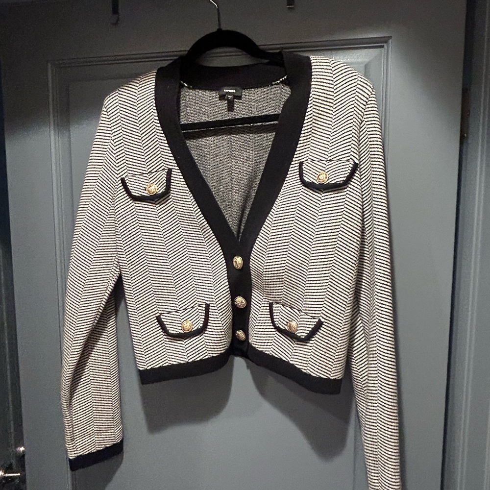 Express Black and White Sweater with Gold Accents Buttons